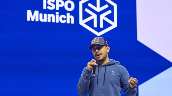 Nirmal Purja on stage at ISPO Munich 2023.