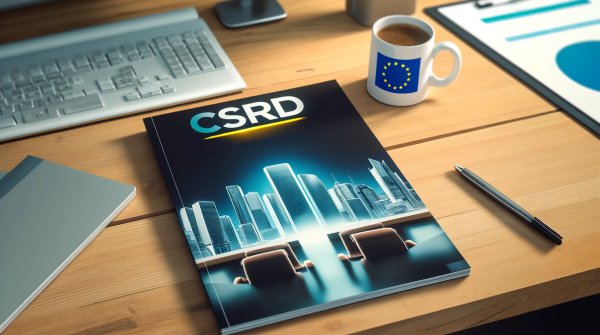A CSRD report is lying on a SChreib table.