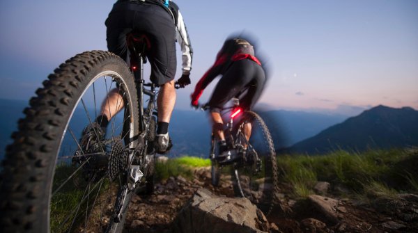 Zwei Mountainbiker in der Rückansicht, die von der Bergspitze aus runterfahren