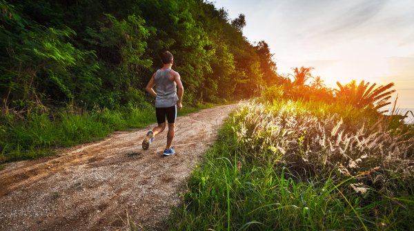 Runner trains aerobically on a path in nature 