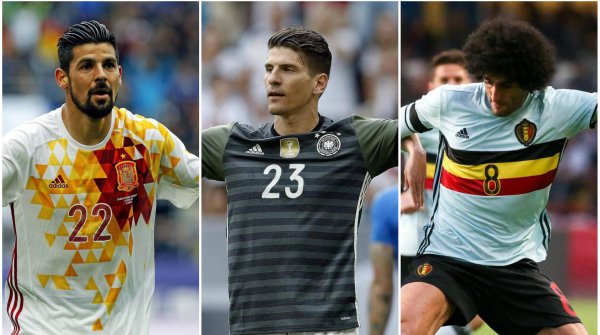 Mutige Adidas-Designs: Die Auswärtstrikots von Spanien (l.), Deutschland und Belgien (r.) bei der EM 2016.