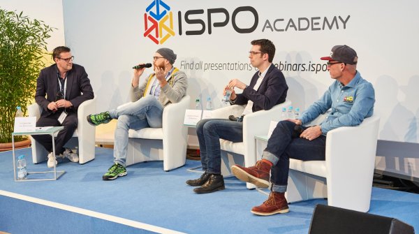 ISPO ACADEMY moderation by Pit Gottschalk (Funke Mediengruppe) with Sebastian Canaves (off-the-path.com), Dirk von Gehlen (Süddeutsche Zeitung), and Lee Jakobs (Marker, Dalbello, Völkl) (from left to right).