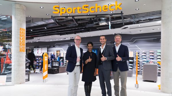The whole management team at Sport Scheck (from left): CDO Jan Kegelberg, Chairwoman Neela Montgomery, CEO Markus Rech and CFO Lars Schöneweiß.