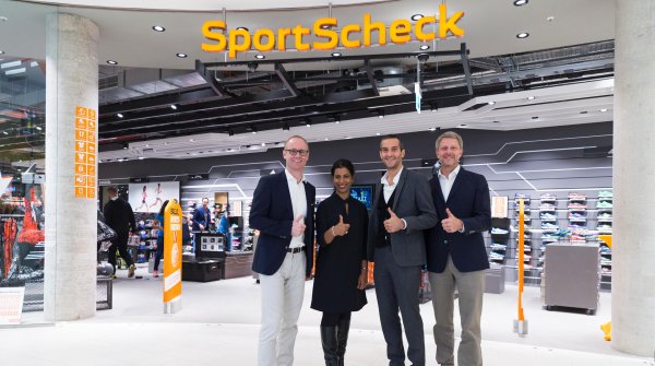 The whole management team at Sport Scheck (from left): CDO Jan Kegelberg, Chairwoman Neela Montgomery, CEO Markus Rech and CFO Lars Schöneweiß.