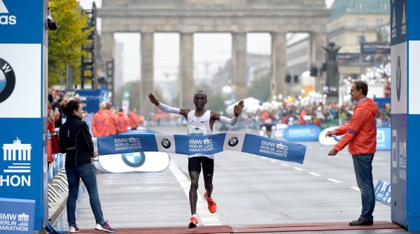 Olympiasieger Eliud Kipchoge (Kenia) hat den BMW Berlin-Marathon 2017 in 2:03:32 h gewonnen, den erhofften Weltrekord aber verpasst. 