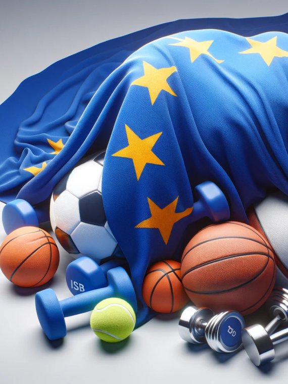 Sportgeräte ragen unter einer europäischen Flagge hervor. 