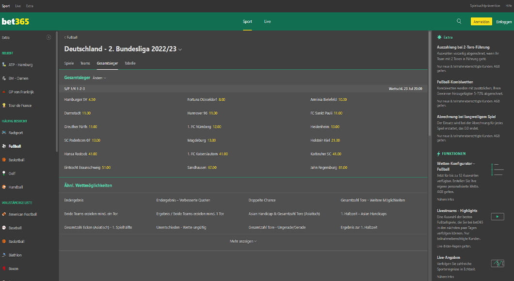 2. Bundesliga Wetten auf der bet365 Homepage.