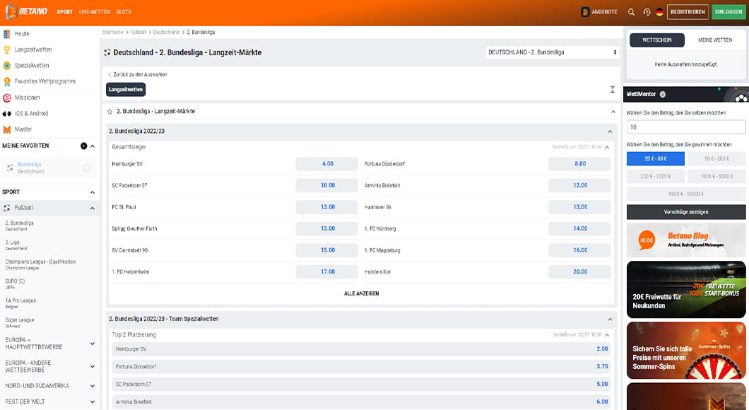 2. Bundesliga Wetten auf der Betano Homepage.