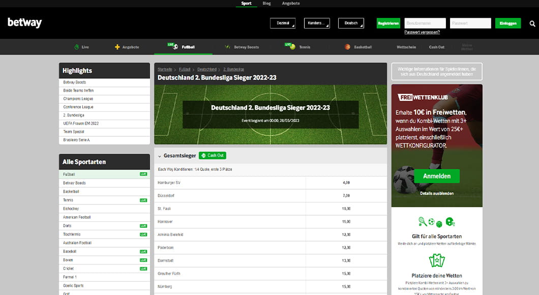 2. Bundesliga Wetten auf der Betway Homepage.