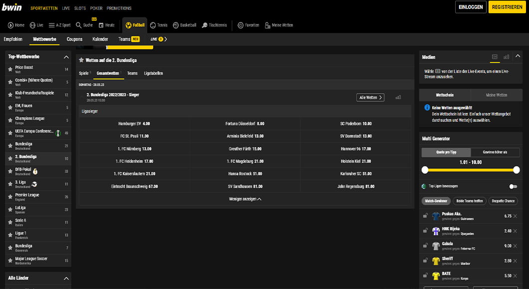 2. Bundesliga Wetten auf der bwin Homepage.