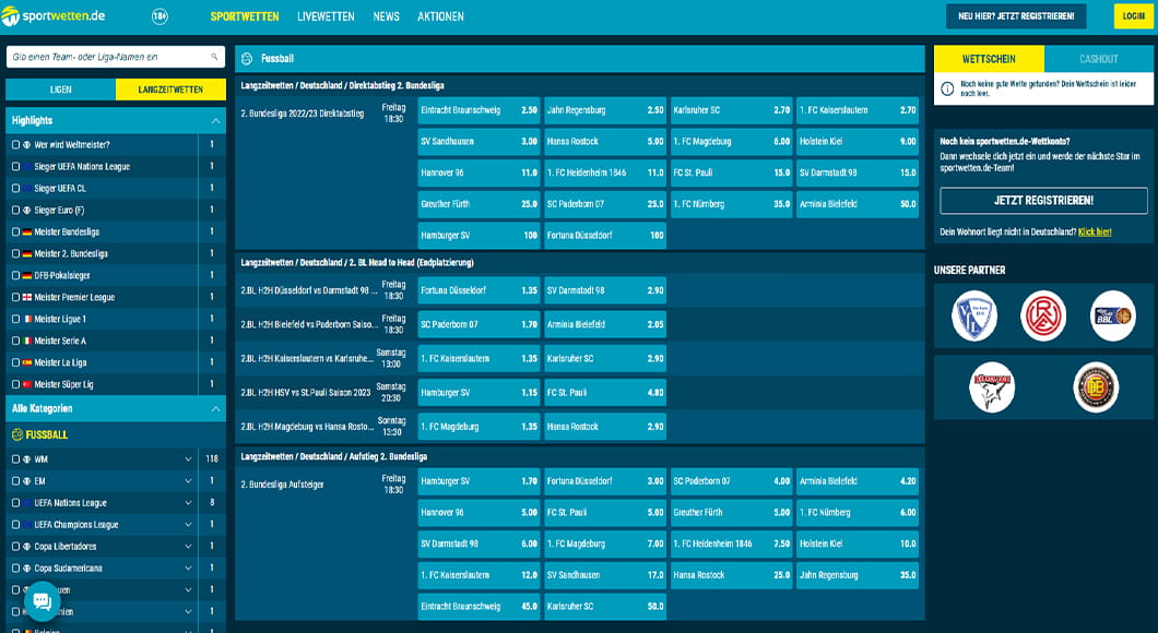 2. Bundesliga Wetten auf der sportwetten.de Homepage.