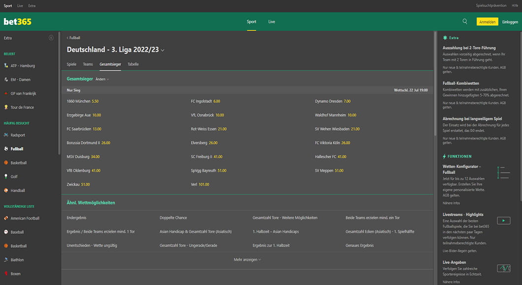 3. Liga Wetten auf der bet365 Homepage.