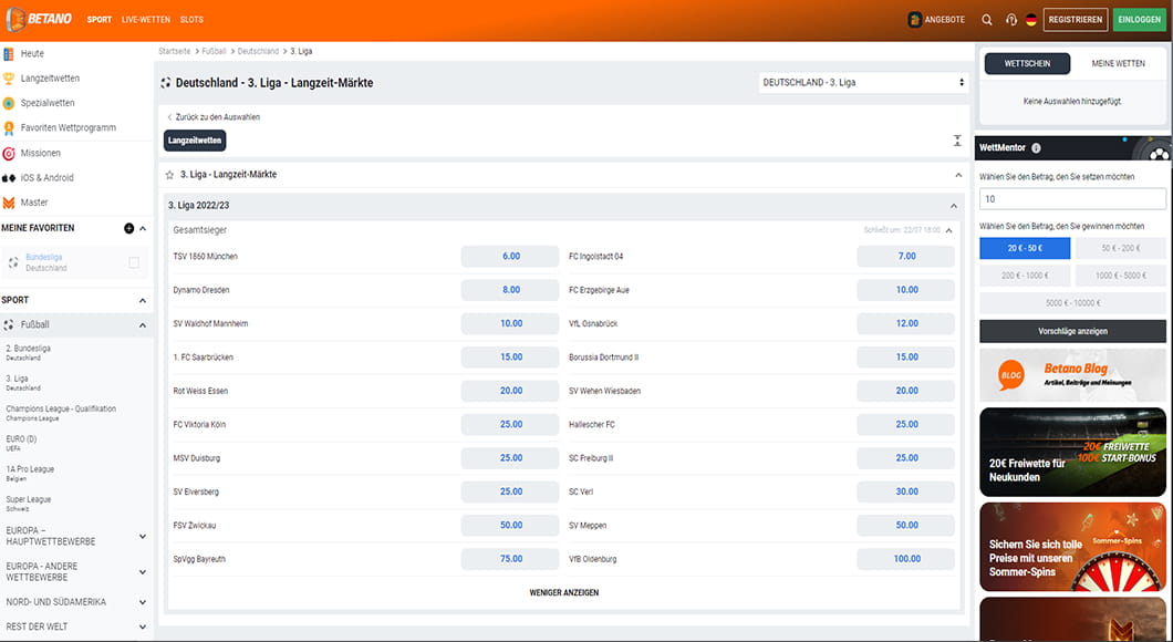 3. Liga Wetten auf der Betano Homepage.
