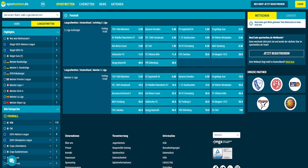 3. Liga Wetten auf der sportwetten.de Homepage.