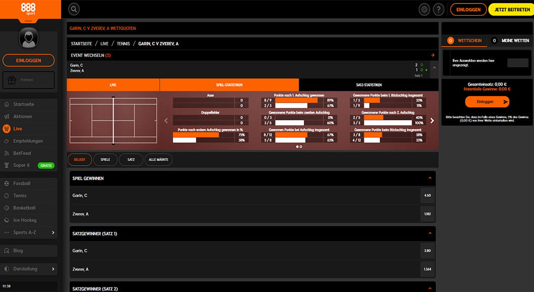 Die Live Wetten auf der Homepage von 888sport
