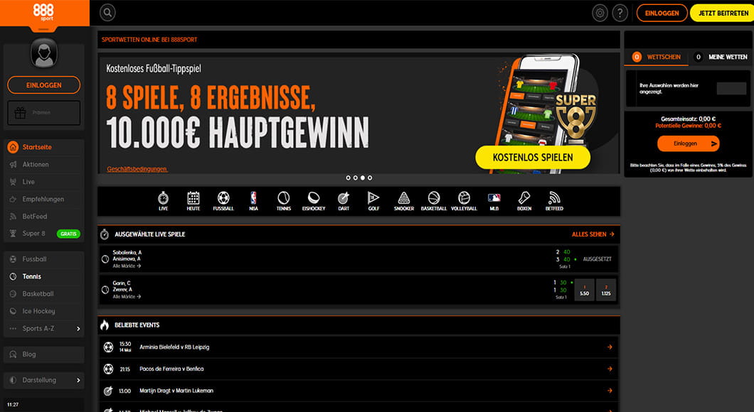 Die 888sport Webseite mit dem Sportwetten Angebot