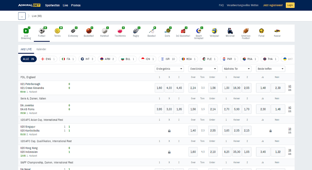 Die Live Wetten auf der Homepage von ADMIRALBET