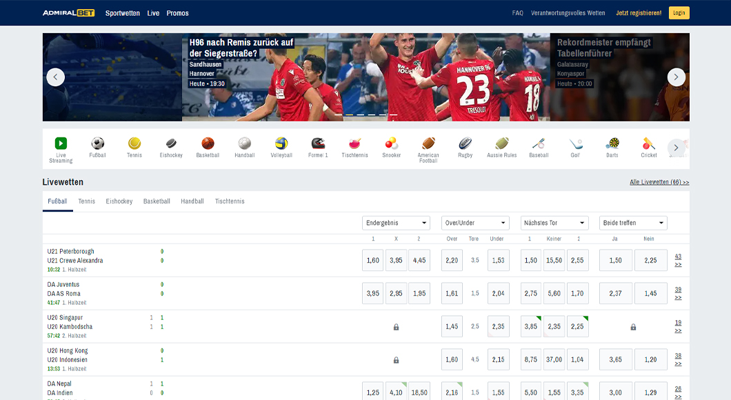 Die ADMIRALBET Webseite mit dem Sportwetten Angebot