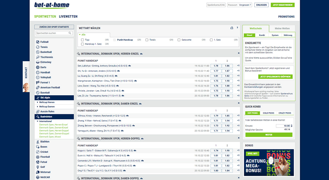 Badminton Wetten auf der bet-at-home Webseite.
