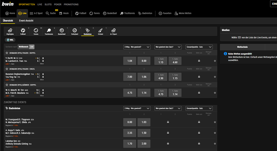 Badminton Wetten auf der bwin Webseite.