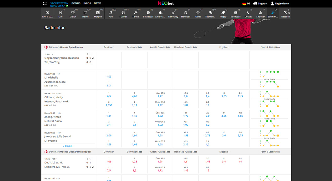 Badminton Wetten auf der NEO.bet Webseite.