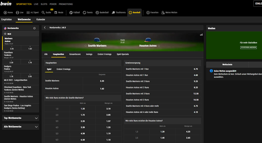 Baseball Wetten auf der bwin Webseite.