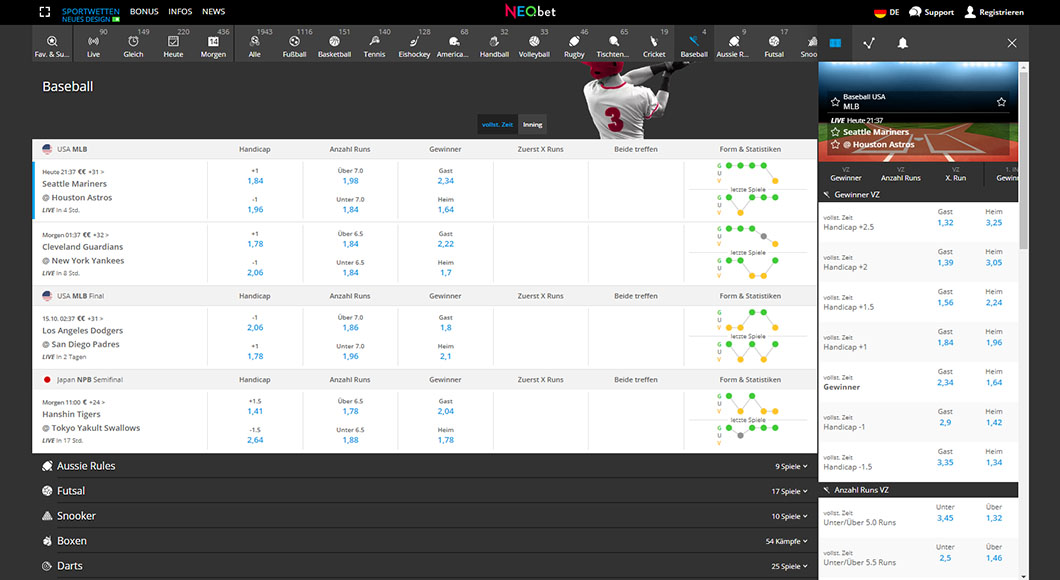 Baseball Wetten auf der NEO.bet Webseite.