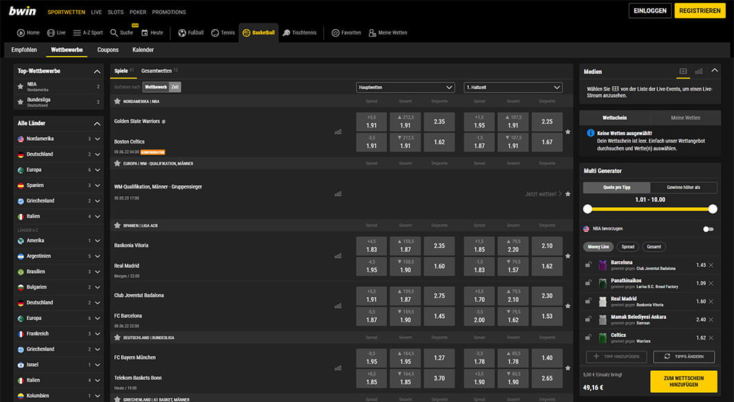 Basketball Wetten auf der bwin Webseite.