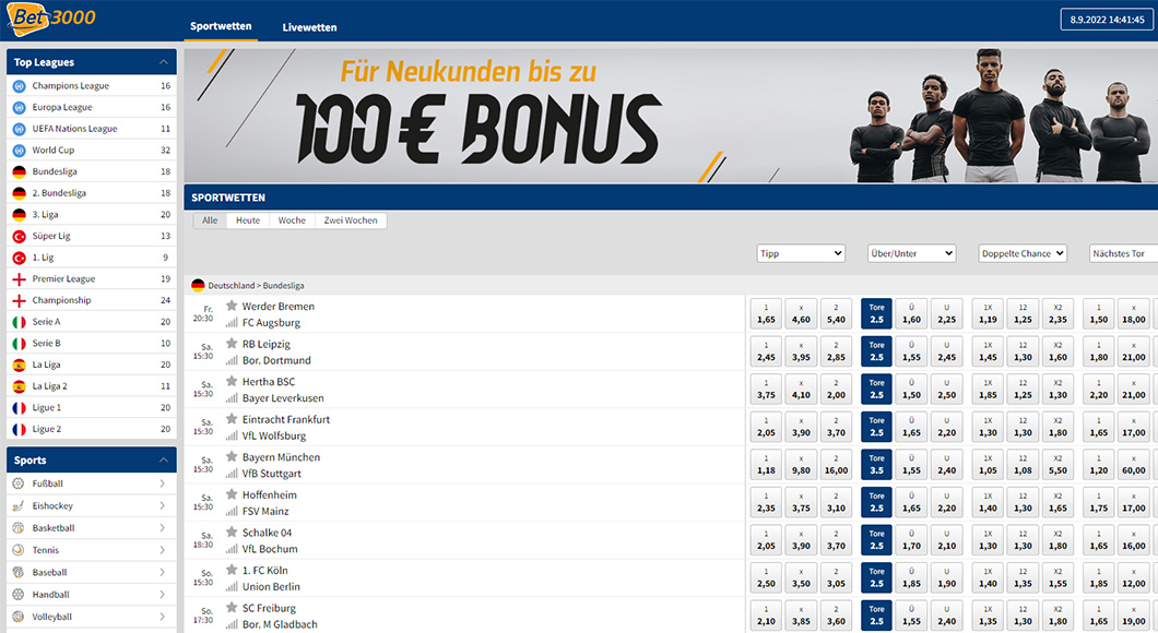 Die Bet3000 Webseite mit dem Sportwetten Angebot