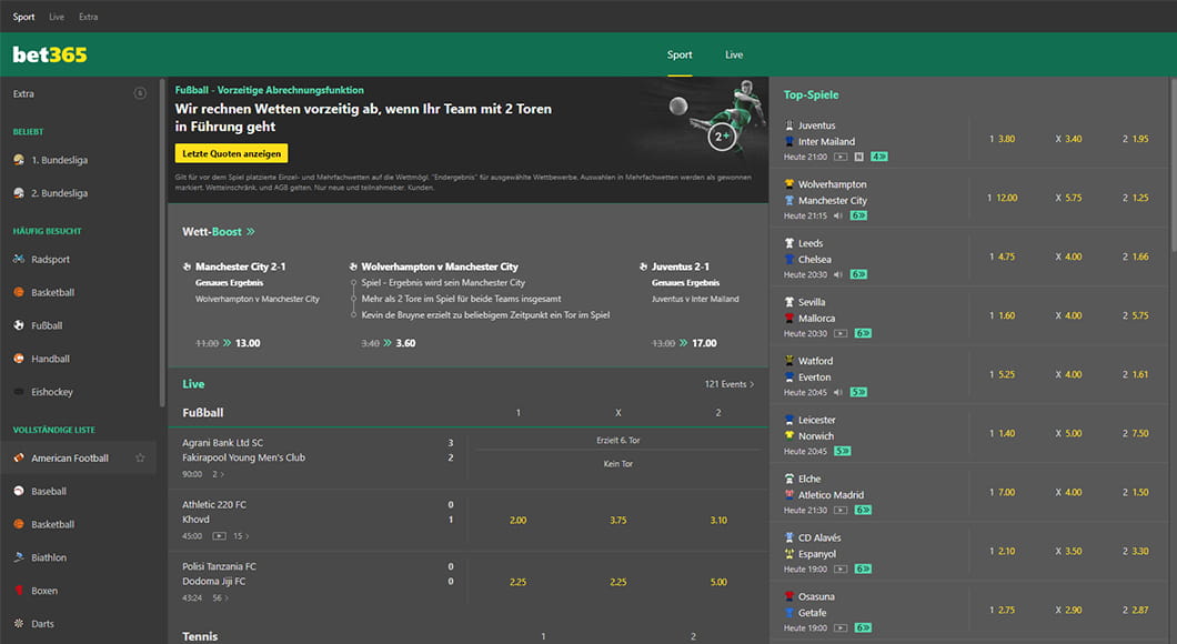 Die bet365 Webseite mit dem Sportwetten Angebot