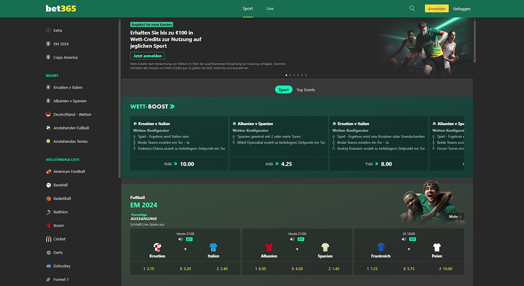 Die Homepage von bet365 Sportwetten