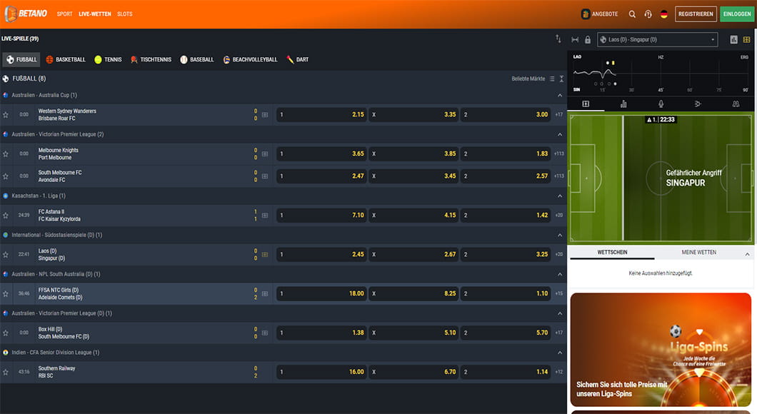 Die Live Wetten auf der Homepage von Betano