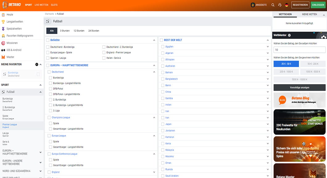 Die Betano Webseite mit dem Sportwetten Angebot