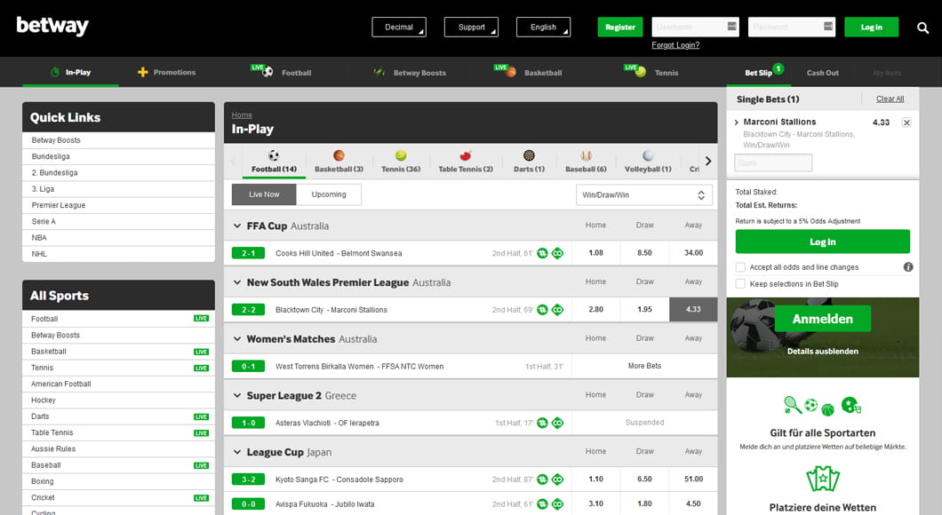 Die Live Wetten auf der Homepage von Betway