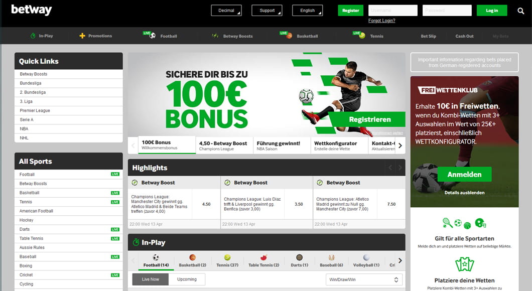 Die Betway Webseite mit dem Sportwetten Angebot