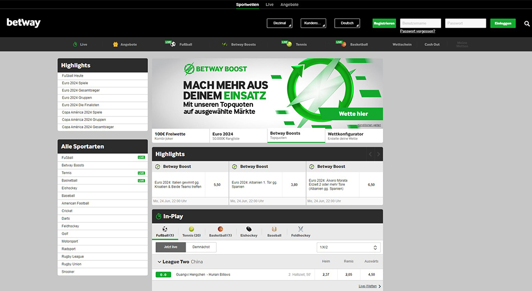 Die Homepage von Betway