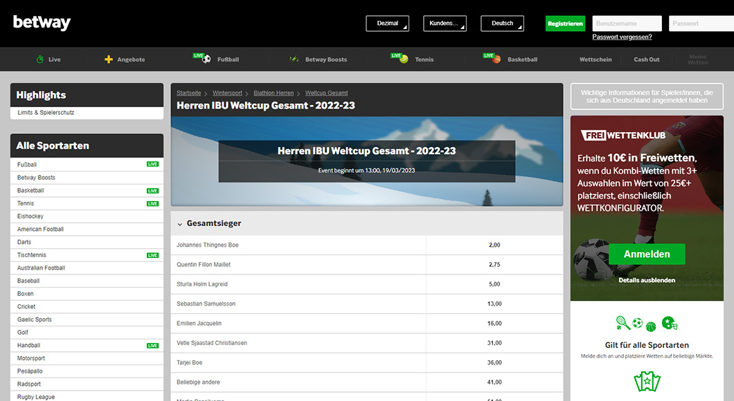 Biathlon Wetten auf der Betway Webseite.