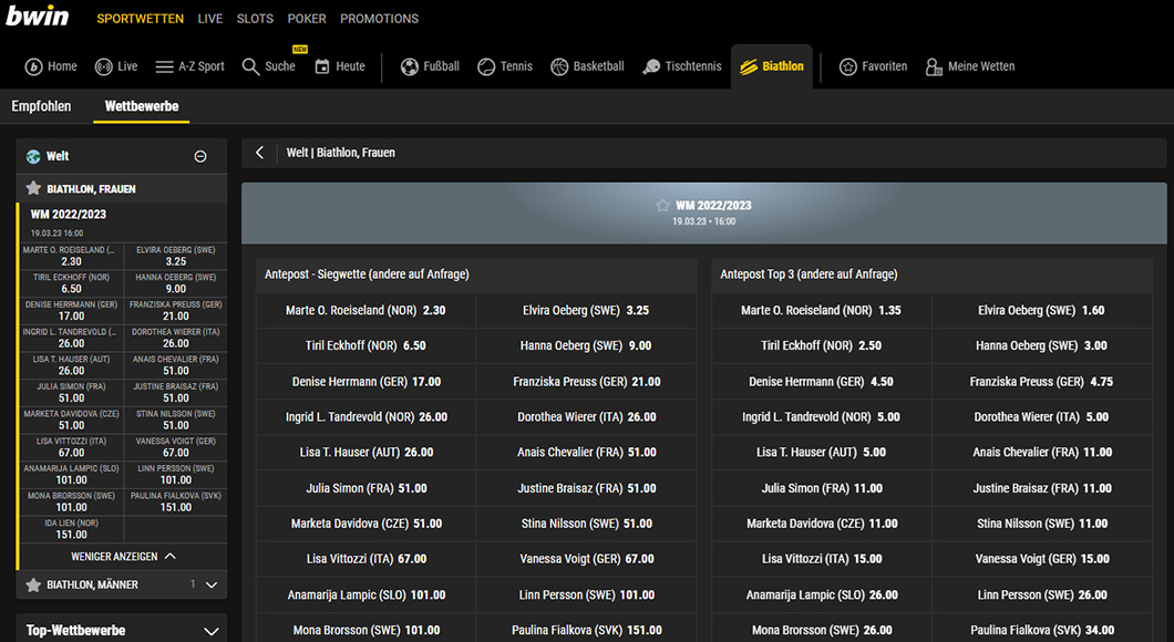 Biathlon Wetten auf der bwin Webseite.