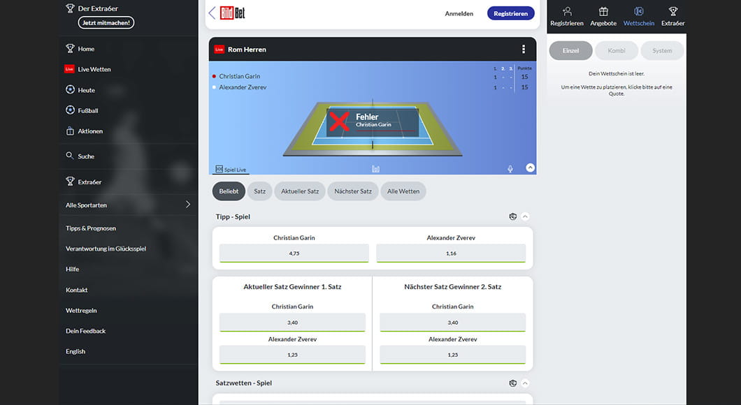 Die Live Wetten auf der Homepage von BildBet