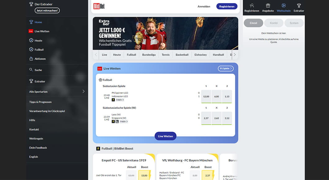 Die BildBet Webseite mit dem Sportwetten Angebot