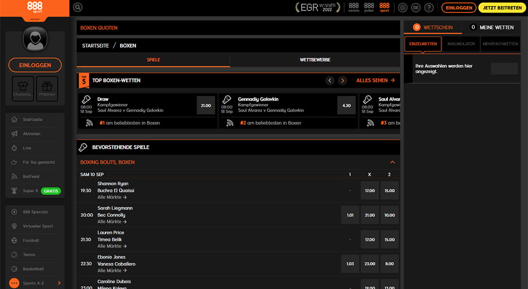 Boxen Wetten auf der 888sport Webseite.
