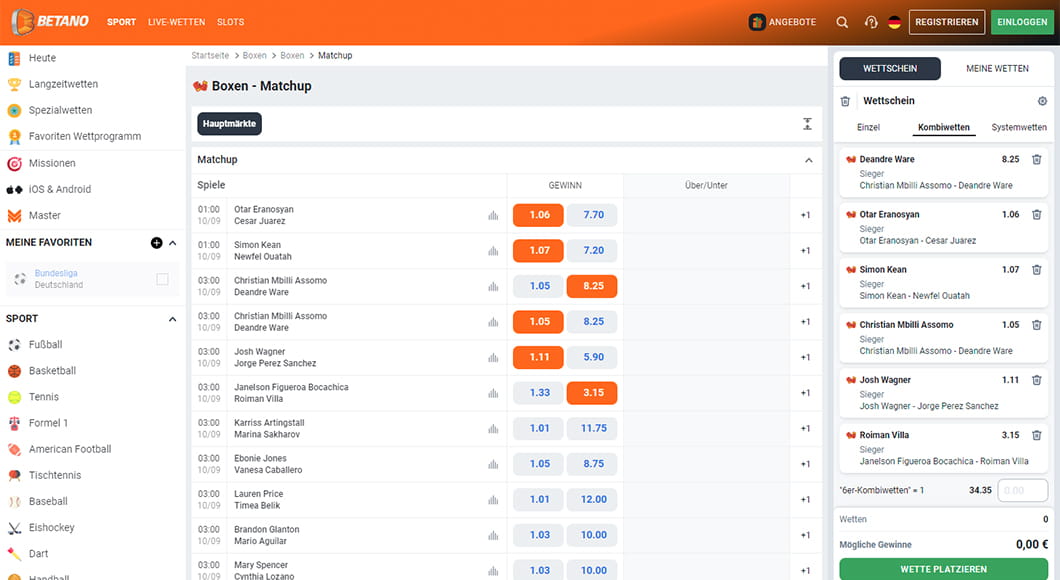 Boxen Wetten auf der Betano Webseite.