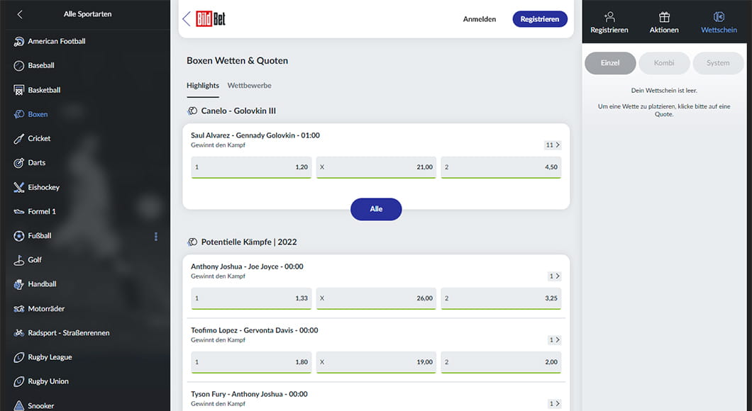 Boxen Wetten auf der BildBet Webseite.