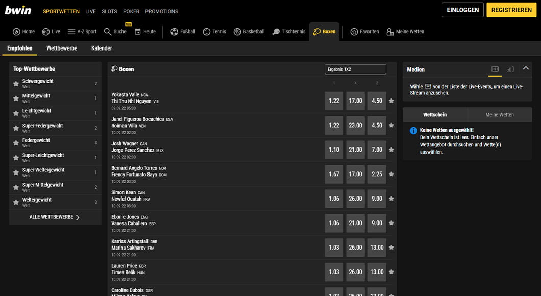 Boxen Wetten auf der bwin Webseite.