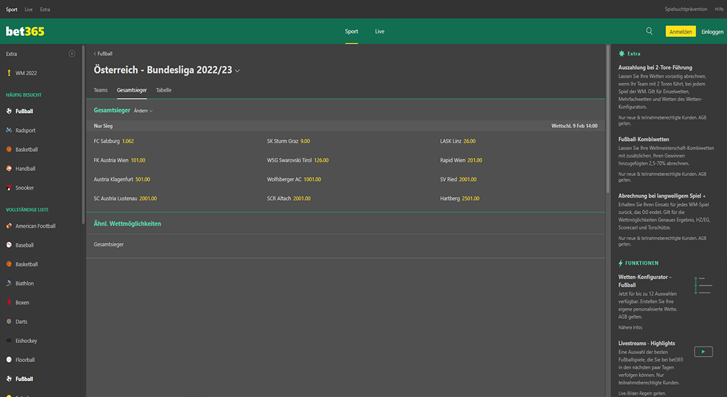 Österreichische Bundesliga Wetten auf der bet365 Homepage.