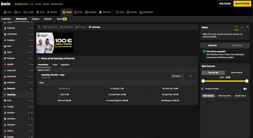 Bundesliga Österreich Wetten auf der bwin Homepage.
