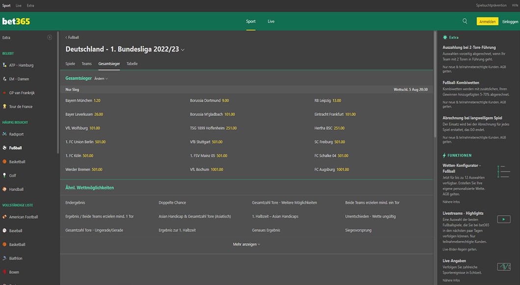 Bundesliga Wetten auf der bet365 Homepage.