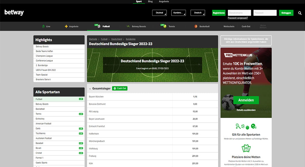 Bundesliga Wetten auf der Betway Homepage.