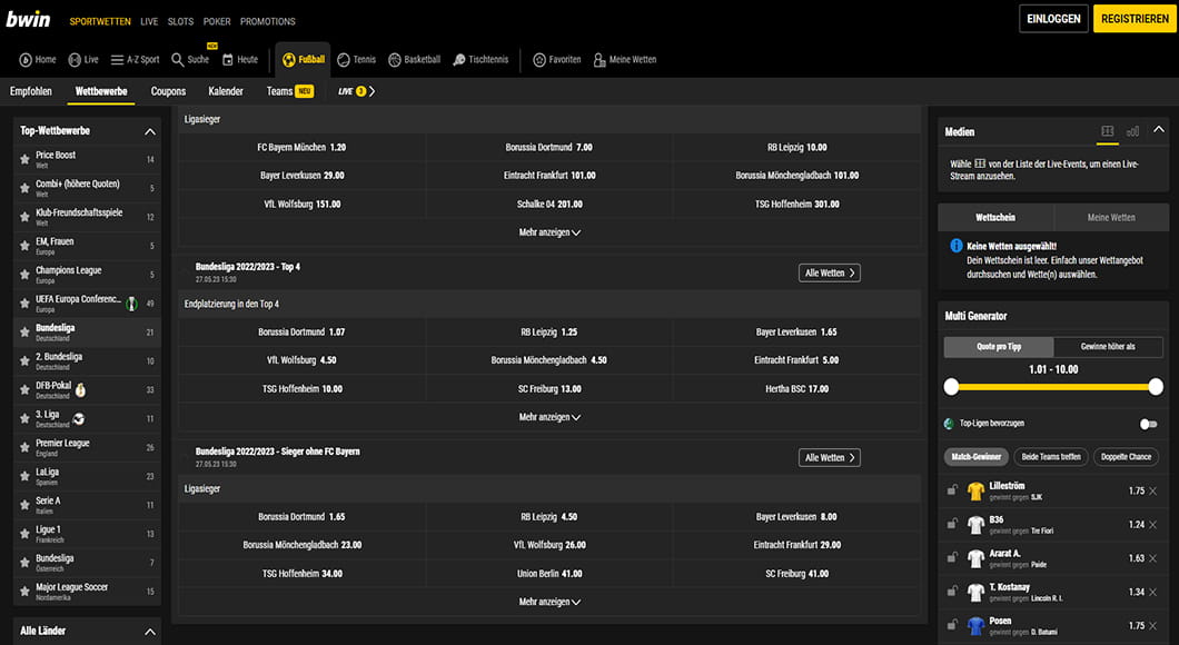 Bundesliga Wetten auf der bwin Homepage.