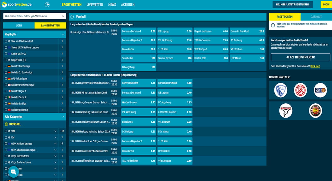 Bundesliga Wetten auf der sportwetten.de Homepage.